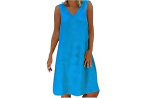 Zeiayuas Linen Summer Dress for Women UK V Neck Sleeveless Tank Dresses Holiday Beach Party Tunic Dresses Going Out Midi Dress Elegant Solid Color Dress Plus Size 22