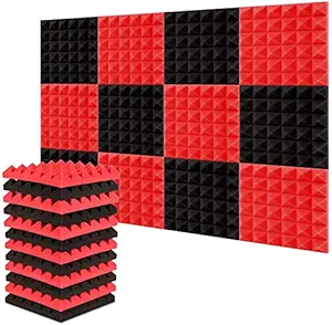 Acoustic Foam, BOOM STUDIO 12 Pcs 12  12  2 Inches Sound Proof Foam Panels,Studio Foam Pyramid Tiles Soundproof Padding,Ideal for Home,Studio and Office, Red and Black