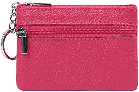 AnlyzerWomens Small Cute Genuine Leather Wallet,Soft Mini Coin Purse with Key Ring Chain and Zipper Pocket for Women and Teens Girls (Rose red)