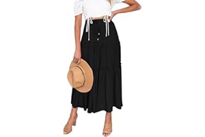 EMOTTOS Falda Larga Elástico Mujer, Faldas Largas Bohemio Cintura Alta Elegantes con Cordón, Falda Plisada Mujer con Volante en Colores Sólidos Casual Verano, Naranja/Negro S-XL