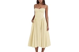 Shuanghao Summer Elegant Sleeveless Long Dresses for Women UK Ladies Vintage Solid Bohemian A Line Midi Swing Dress Women's Corset Spaghetti Straps Square Neck Beach Sundress with Pockets