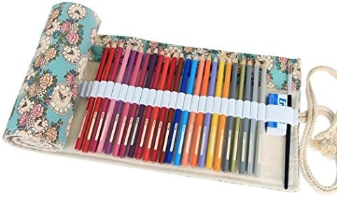 AmoyieRoll Up Pencil Case for 36 Coloured Pencils, Colouring Pens Organiser Bag, Canvas Artist Wrap, Black Flower