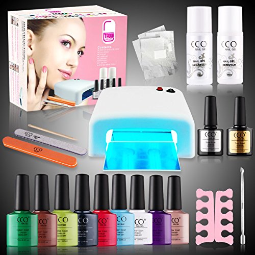 Official CCO Gift Set UV LED Nail Gel Starter Complete Set kit 36W UV Lamp Complete Kit Set UV Lamp ,Cleanser, Remover ,Top ,Base Coat ,3 Color Gels , Tools, Gift BOX(Best Present) (Taqqi Kit + 3 Color Gels)