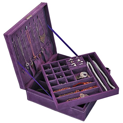 NirongLavie 2-layer Square-shaped Jewellery Box Suede Jewelry Organizer Storage with Lock Purple