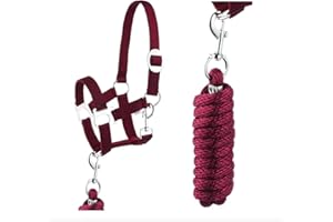 JA HORSE Set di cavezza con moschettone regolabile, cavezza cavallo, cavallo in legno (moschettone vino, pony)