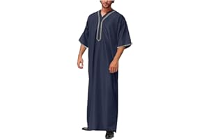 BIKETAFUWY Djellaba Homme Marocaine Ramadan Eid de Prière Qamis Homme Patte de Boutonnage/Zippé Robe Marocaine Manches Courtes Abaya Hommes Dubai Priere Islamique Kamis Musulman Arabe Jelaba Caftan Kaftan