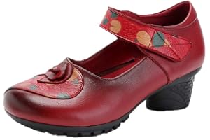 MRS DUBERESS Women's Comfortable Leather Soft Round Toe Middle Heel Mary Jane Shoes
