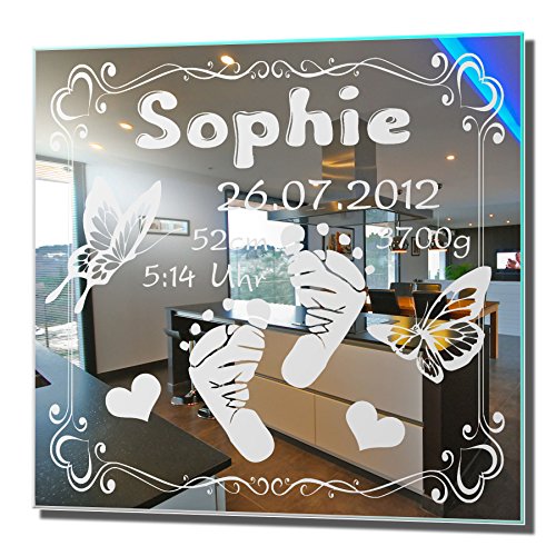 Motivspiegel Geburt 5 Spiegel mit Gravur Geschenk zur Geburt Wandbild Dekoration (30x30cm)