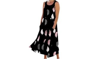 ZEIAYUAS Maxi Dresses for Women UK Cotton Linen Casual Oversized Tunic Dress Sleeveless Vest Dress with Pocket Solid Color A-line Dress Baggy Beach Long Dress Summer Floral Print Sundress
