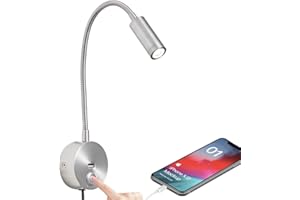 WISHOMEE Dimmable Wall Mounted Reading Light with USB Charging Port, Plug-in LED Headboard Reading Light, Bedside Spot Wall Lamps with Flexible Gooseneck, Nickel Finished