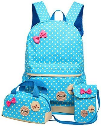 Moonwind Polka Dot 3pcs Kids Book Bag School Backpack Handbag Purse Girls Teen (Blue)
