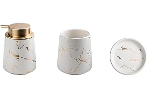 OUTER TREASURE 3/4 Piece Ceramic Bath Accessory Set,Housewares Marble Bathroom Accessories with Soap Dispenser, Tumblers,Soap Dish,Toothbrush Holder (Matte white（three piece）)