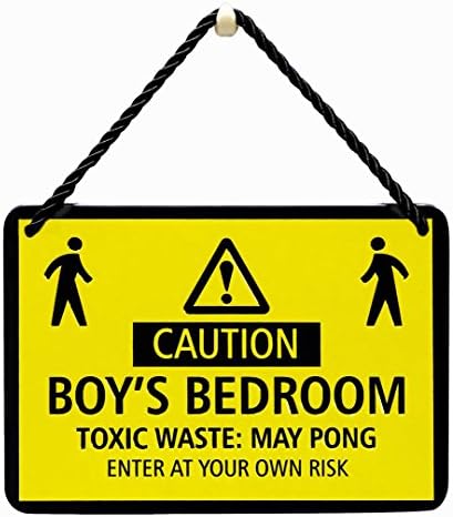 Hang Ups Caution Boys Bedroom - Rolled Tin Plaque with Coloured Cord