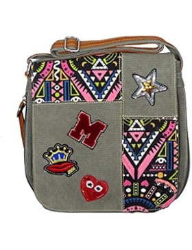Umhängetasche Canvas Style mit Aufnäher, Stern, Pailetten und grafischem Muster - Maße 29 x 28 cm - Damen Mädchen...