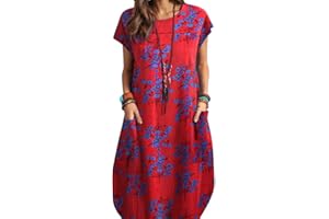ZANZEA Women Summer Dresses Cotton Linen Dress Plus Size Short Sleeve Baggy Printed Casual Midi Dresses with Pockets