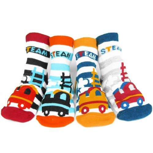 KF Baby Boy Non-Skid Cozy Soft Cotton Socks Value Pack [Set of 4 pairs, Grey, Light Blue, Dark Blue, Black], Train, for 12 - 24 months