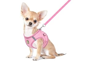 FEimaX Arnés para Perro y Conjunto de Correa, Acolchado con Malla Suave, Chaleco para Cachorros Reflectante y Ajustable para Perros y Gatos Pequeños Rosado