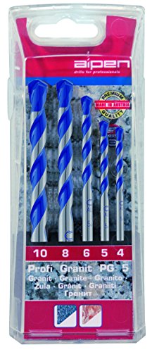alpen Hartmetall-Granitbohrer Profi Granit, DIN ISO 5468, Durchmesser 4/5/6/8/10 mm als 5-teiliger Satz in der Kunsstoffkassette, 25700005100
