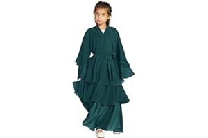 IDOPIP Kids Prayer Dress Muslim Cardigan for Girls Long Sleeve Abaya with Hijab Islamic Dubai Casual Ramadan Party Chiffon Kaftan Rob