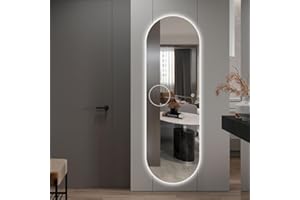 ‎BOROMAL WDWRITTI Ganzkörperspiegel Oval mit Beleuchtung 50x150cm, Standspiegel 3 Lichtfarbe Dimmbare 3000-6500K, Lichtspiegel mit Touchschalter, 10-fache Vergrößerung, Bogenspiegel für Flur, Wohn-, Schlaf-