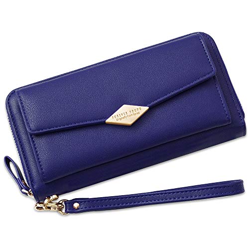 Carteras Piel Mujer Gran Capacidad Cartera Larga con Monedero Bloqueo RFID Billetera Mujer con Cremallera 12 Ranuras para Tarjetas, Monederos de Mujer Grande de Cuero con Muchos Bolsillos (Azul1)