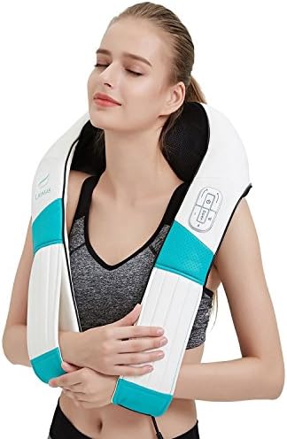 LAYMAS Shiatsu Neck Massager Electric Deep Kneading Shoulder Back Massager with Slight Heat and Timing Function Adjustable Intensity Home Office Car Use (White)