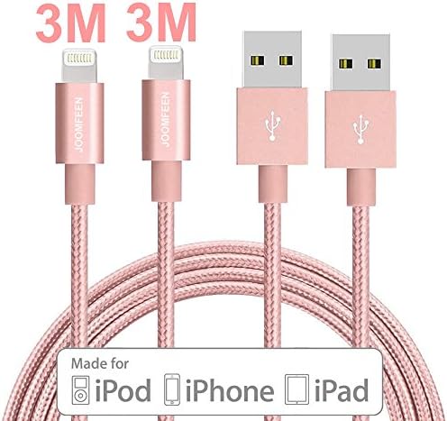 iPhone Charger, JOOMFEEN 2Pack 10ft/3m Lightning Cable Nylon Braided Extra Long Charging Cable USB Cord for Apple iphone 7/7 Plus/se/6s/6s plus/6 plus/6,5s/5c/5,iPad Mini/Air/Pro, iPod(Rose Gold)