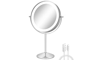 FFowcye 8" Vanity Mirror with Lights, Make up Mirror with Lighting & 1X/10X Magnification, Illuminated Rechargeable Lighted with Adjustable Brightness, 3Color Lighting, USB Charging for Dressing Table
