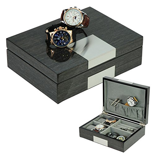 TIMELYBUYS Grey Ginko Lacquered Wood Watch Cufflink Case & Ring Storage Organizer Men's Jewelry Box Father's Day