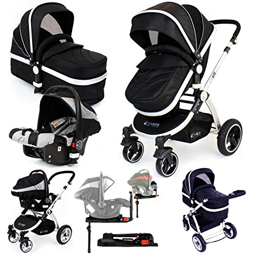 i-Safe System + iSOFIX Base - Black Trio Travel System Pram & Luxury Stroller 3 in 1 Complete With Car Seat + Footmuff + Carseat Footmuff + RainCovers ...