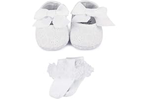LACOFIA Chaussures de baptême Blanches à Semelle Souple antidérapantes de Premier Pas pour bébé Fille avec Bavoirs croisés brodés