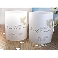 Set 8 x personalisierte Lichthülle für Tischlicht mit Friedenstaube zur Kommunion, Konfirmation, Taufe, Firmung, Jugendweihe