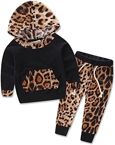 Alleppa Baby Girls Printed 2PCS Outfit Pocket Long Sleeve Hoodie Floral Pant,Black-Leopard,12-18M