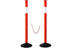 ALYOEN Lot de 2 poteaux de barrière et 1 chaîne en plastique de 1,5 m rouge et blanc, poteaux de chaîne avec bandes réfléchissantes, support de délimitation, cône d'avertissement, support de chaîne, borne