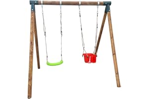 | MASGAMES | Balançoire double KABA | Corner droit | Structure compacte | Bois traité pour extérieur | (2 sièges plats + chaise bébé)