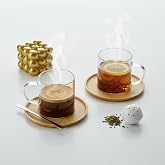 Deconox Bambu Tabaklı 2'li Cam Fincan Seti 150 ml - Yuvarlak/Kare Se&ccedil;enekli Borosilikat Bitki &Ccedil;ayı ve Double Kahve Fincanı (Y
