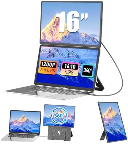 Monitor Portatile per Laptop 16", Schermo Portatile Full HD 1920x1200 IPS 16:10, Doppio Schermo PC Portatile per Laptop 13-17.3", Compatibile con Mac/Windows/Chrome, Connettività USB C o USB A e HDMI
