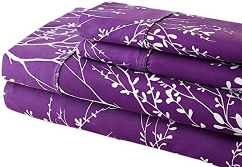 Spirit Linen Hotel 5th Ave Foliage Collection Printed Luxurious Microfiber Sheet Set, Purple/Ivory, Queen, Set of 4