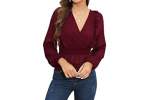 Clearlove Elegancka bluzka damska z długim rękawem, szyfonowa, z dekoltem w kształcie litery V, szwajcarskie kropki