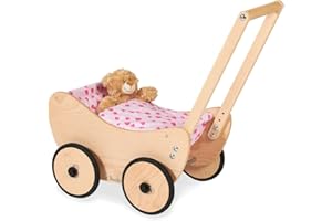 Pinolino Puppenwagen Trixi, aus Holz, inkl. Bettzeug und Bremssystem, Lauflernhilfe mit gummierten Holzrädern, für Kinder von 1 – 6 Jahren, natur