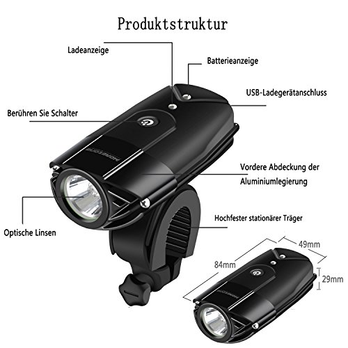 MOREZONE Fahrradlicht USB Wiederaufladbare LED Fahrradvorderlicht Fahradbeleuchtung Fahrradlampen 300 Lumen Super Hell für Sicheres Radfahren Spritzwassergeschützt - 2