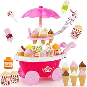 LONGMIRE Ice Cream Toy Cart Play Set for Kids 39 Piece Pretend Play Food - Ice-Cream Trolley Truck Without Music & Lighting - Great Gift for Girls and Boys Ages 3 Years Old