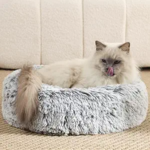 Small Dog Bed, Cat Bed, Dolpiet Fuzzy Donut Dog Bed with Warm Plush Faux Fur, Anti Anxiety Pet Bed, Calming, Relieve Joints and Improve Sleep, Washable - Gray, 20