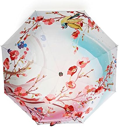 TIANQI Artistic Painting Light-weighted Folding Umbrella with Anti-UV and Windproof Funtions Suitable for Both Sunny and Raining Days - Peach Flower and Bird