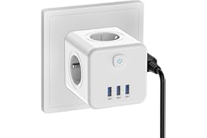 HITRENDS Steckdosenwürfel mit USB, 4 Fach Mehrfachsteckdose Ohne Kabel, Mehrfachstecker(4000W/10A) und 3 USB (5V/3.1A), Cube Dreifachsteckdose mit Schalter überspannungsschutz für Büro, oder auf Reisen, Weiß