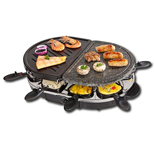 Preisvergleich Produktbild Raclette Grill / Partygrill / elektro Tischgrill / Kombigerät mit Steingrillplatte u. beschichteter Grillplatte / gesundes grillen von Gemüse uvm. - (Typ 3: 8 Pers. Grill + Stein + Pfännchen - 1,2KW)
