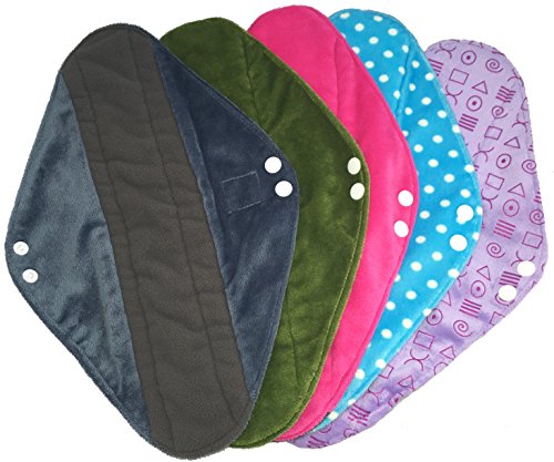 PLAIN 5 Pack - OVERNIGHT Flow - Cloth Sanitary Pads (CSP), Bamboo CHARCOAL, Minkee / MINKY, Washable Reusable Period Protection, Menstrual Products, Mama Towel, Sanitary Napkins - {Kernow Kloth} - Block Colours, Black, Pink, Green, Spots
