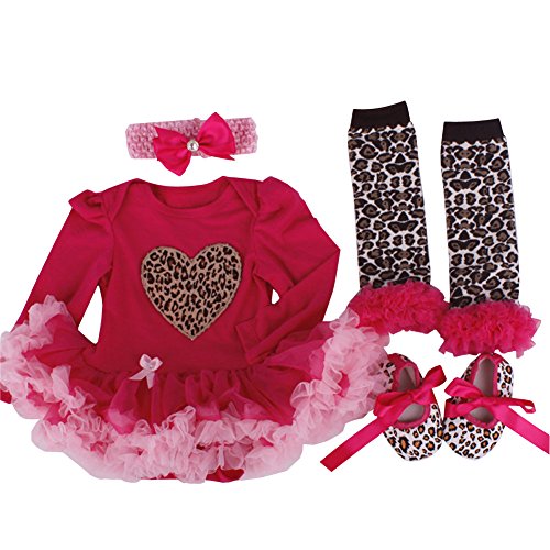ZOEREA 4 PCS Newborn Baby Girls Bowknot Headband Hairband + Leopard Print Heart Romper Tutu Pleated Skirt Dress + Leg Warmers + Soft Shoes Outfit Clothes for 0-12M Summer Girl Dresses Bodysuit