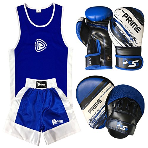 PRIME KIDS BOXING SET UNIFORM BLUE TOP/SHORT 3-14 YEARS + FOCUS PAD 1106 BLUE KIDS BOXING GLOVES 1012 BLUE 6-OZ (Focus Pad 1106, Uniform 5-6 Years) SET-14