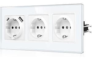CNBINGO JFGM1 Potrójne Gniazdko Schuko Podtynkowe Z Złączem USB - Szklane, Białe, Z Zabezpieczeniem Przed Dziećmi - 1x (Typ C i USB-A Maks. 2,1 A)